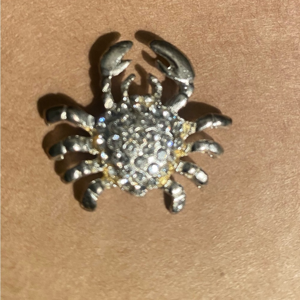 Vintage Crystal Crab Brooch Pin - Silver & Clear Rhinestones